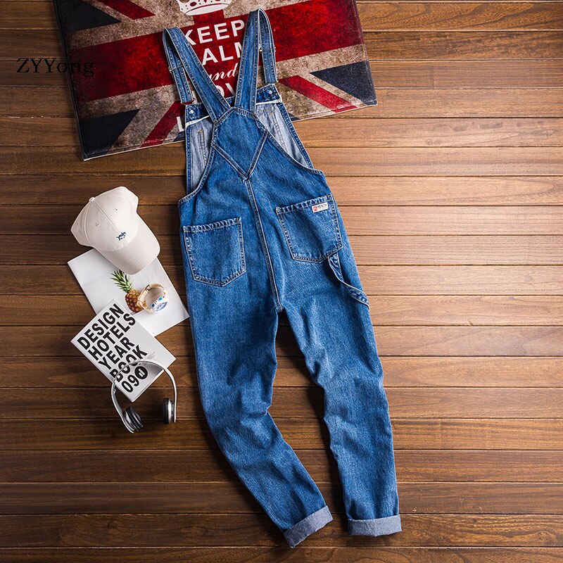 Mono vaquero azul americano para hombre, pantalones vaqueros rectos, pechera de Hip Hop con bolsillos grandes, pantalones Cargo