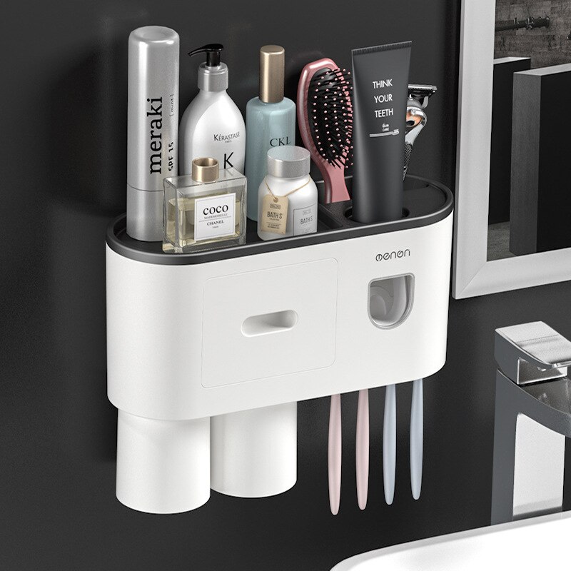 Magnetic Adsorption Toothbrush Holder Automatic Toothpaste Squeezer Home Storage Shelves Wall-mounted Bathroom Accessories Set: 2 Cups Black