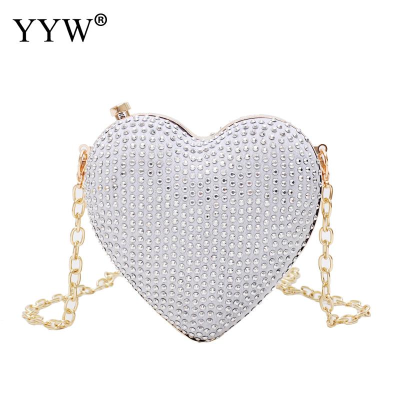 Metal senhoras festa saco de embreagem strass cristal noite bolsa em forma de coração diamante 2019 nova moda senhoras saco de casamento: silver