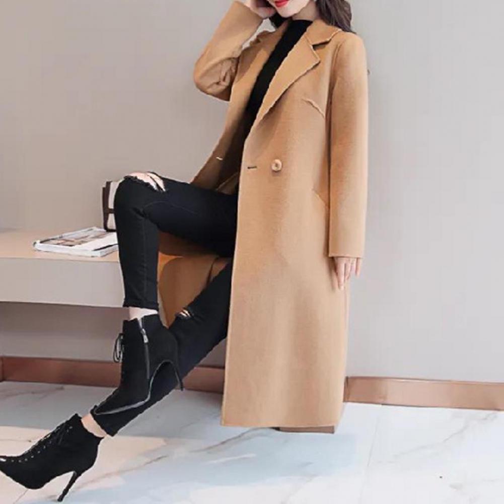 Casaco de lã monocromático feminino, Manga comprida, Dois botões, Bolsos, Lapela, Elegante, Casacos, Moda, Outono, Inverno