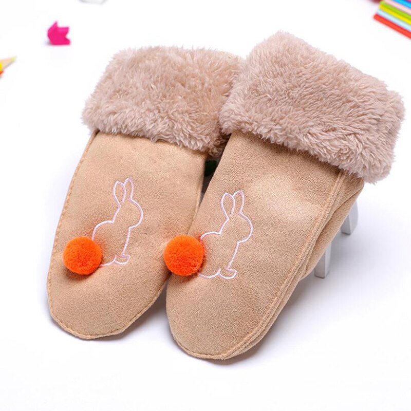 Schattige cartoon konijnen wanten voor kinderen, jongen/meisjes winter plus pluche kasjmier dikkere warme suède handschoenen warme vingerhandschoenen: Khaki