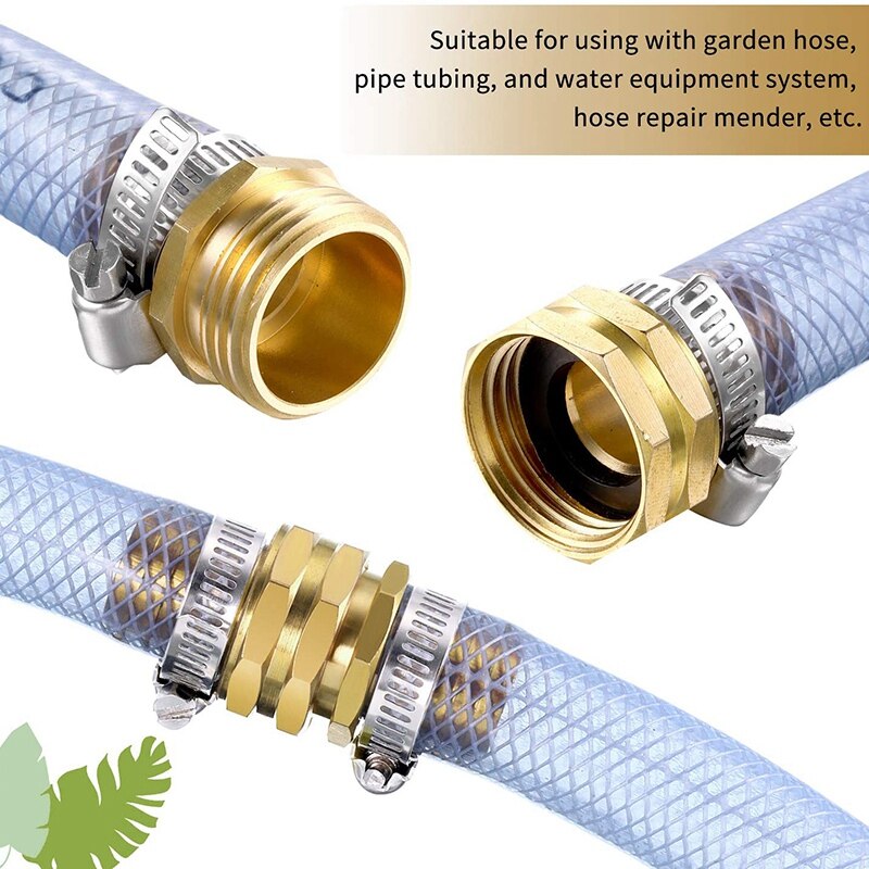 4 Sets Brass 3/4 inch Garden Hose Mender End Repair Male Female Connectors with Clamp
