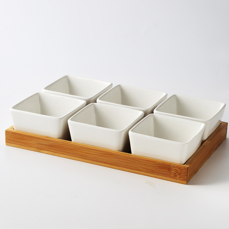 MUZITY-plato de cerámica para postres, Plato cuadrado para fruta con bandeja de bambú y madera, plato de porcelana para pastel o caramelo: E