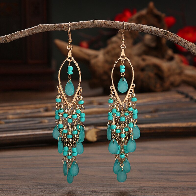 Boho Colorful Resin Beads Tassel Dangle Earrings for Women Long Bohemia Acrylic Earrings Jewelry Accessories: E1800-Blue