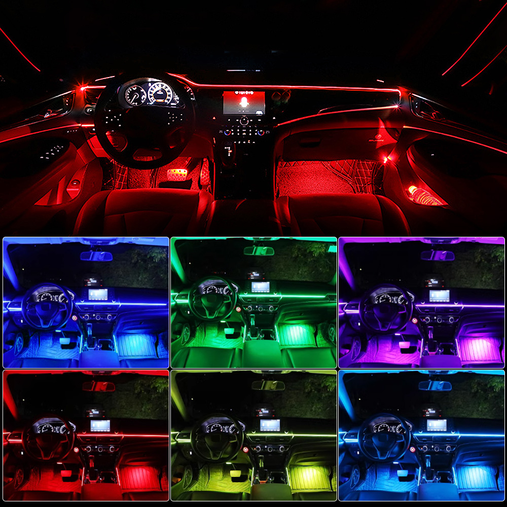 Luz ambiental para coche 18 en 1, tiras acrílicas de 64 colores, 110cm, 90cm, 75cm, 35cm, 20cm, colores completos, RGB, Interior del coche, Control por aplicación Bluetooth