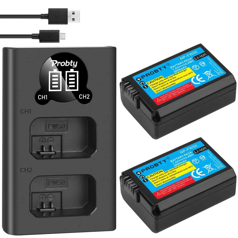 2000 mah np  fw50 np-fw50 batteri akku + ledet usb dobbelt oplader til sony nex -7 nex -5n nex -5r alpha  a5000 a6000 dsc -rx10 a7ii a7s: 2 batterier med oplader