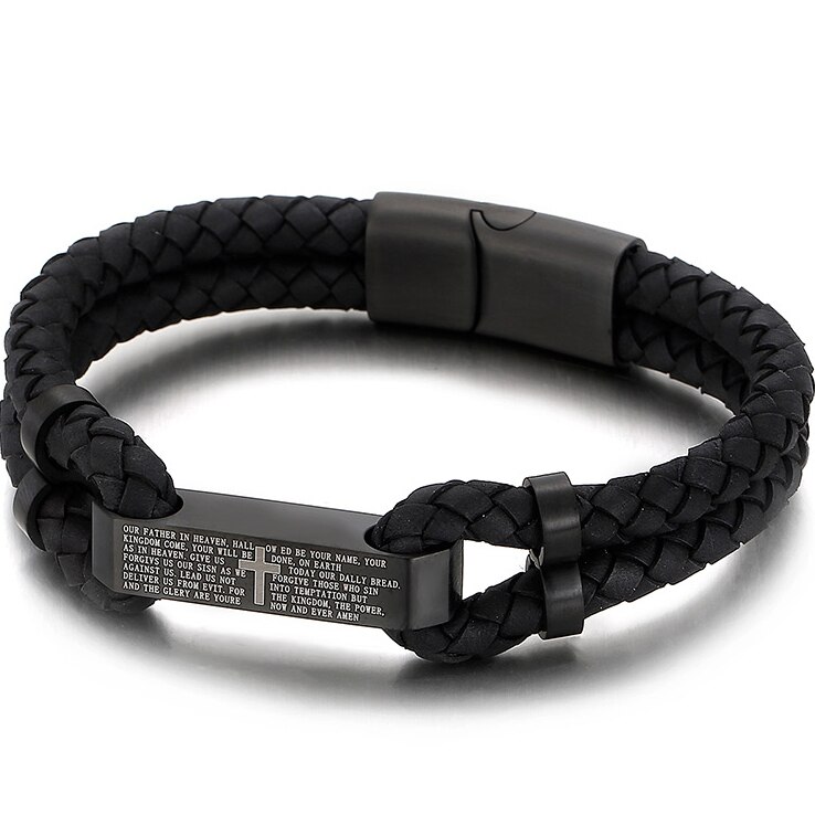 Mannen Lederen Armband Met Kruis Roestvrij Staal Straat Polsbandjes Voor Mannen Leatherman Mannelijke Op Hand Bands Sieraden Accessoires: Black