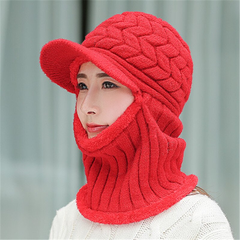 Double-Use Women Warm Knitted Hat Scarf Hooded Collar Elastic Winter All-Match Adult Teen Thick Soft Neck Warmer Female Caps: RED