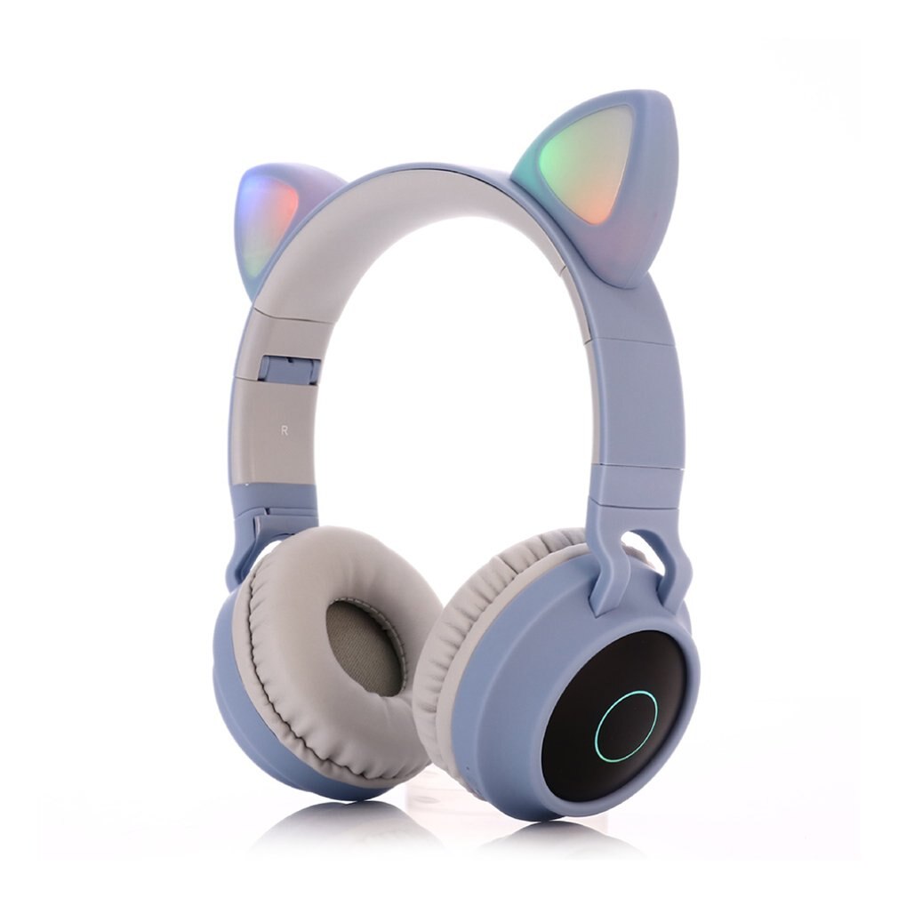 Casque d'oreille de chat mignon casque sans fil casque 5.0 basse pliable stéréo casque de jeu pour téléphone portable: gray-blue