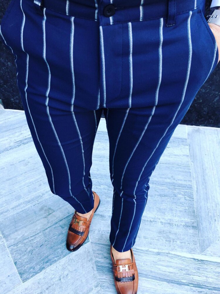 Men Dress Pants Men's Skinny Casual Trousers Slim Fit Business Pants Formal Striper Pants Slacks Trousers: Blue / XL