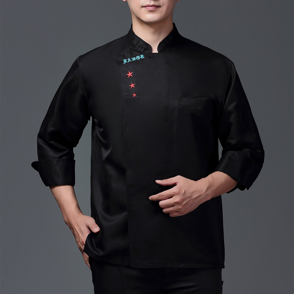 Åndbar unisex afslappet kokkejakke broderi køkken catering restaurant service arbejder uniform: Sort kokkedragt / Xxxl