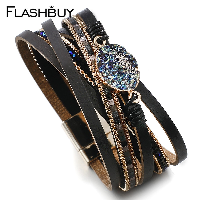 Flashbuy Mode Natuursteen Lederen Armbanden Voor Vrouwen Unieke Cross Multilayer Charm Wrap Armbanden Kostuum Sieraden