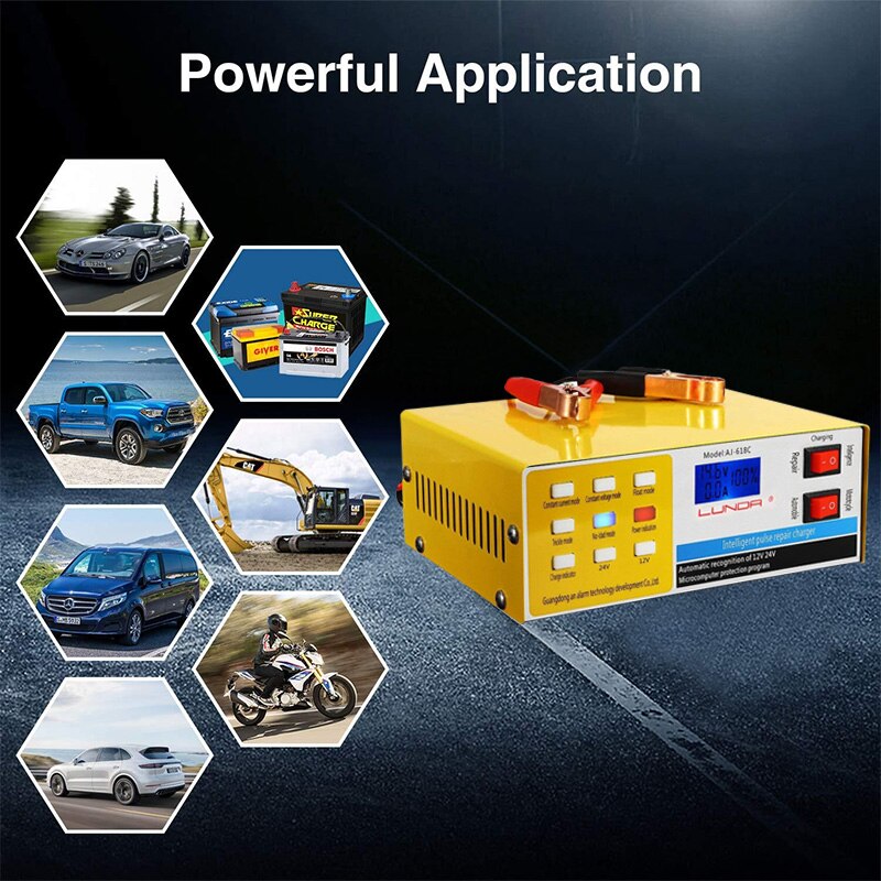 RU Car Battery Charger Automatic Intelligent Pulse Repair 130V-250V 200AH 12V 24V With Adapter