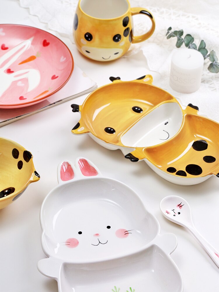 Cute cartoon ceramic tableware Kids Dinner Plate Toddler Feeding Dishes Snack dish Children Training Bowl Spoon Fork