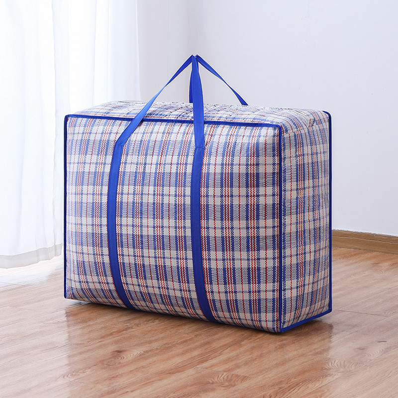 Thickened striped woven bag large capacity storage mobile bag clothes quilt luggage packaging zipper tote bag home organizer: 20*60cm / Blue