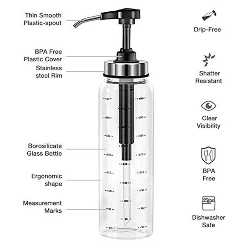 Bouteilles à presser pour la cuisine et le barbecue, 2 paquets de bouteilles en verre pour distributeur d&#39;huile d&#39;olive, pour Ketchup/salade/Dressing/miel, 500Ml