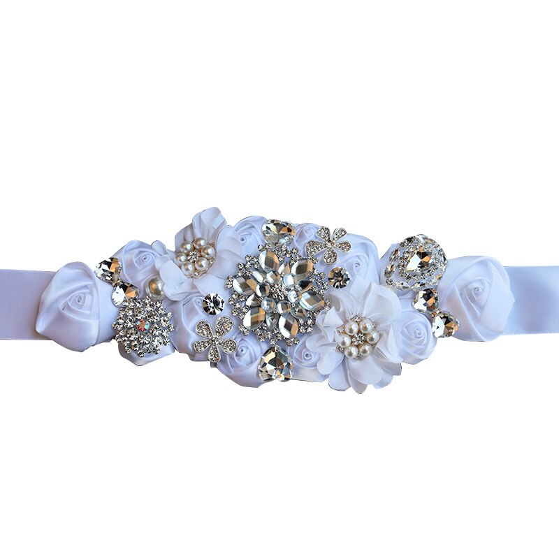JaneVini-cinturones para boda con abalorios, con flores, Burdeos, satén, rosas, boda, cinturón con cristales, cintas de banda de diamantes de imitación,: Blanco