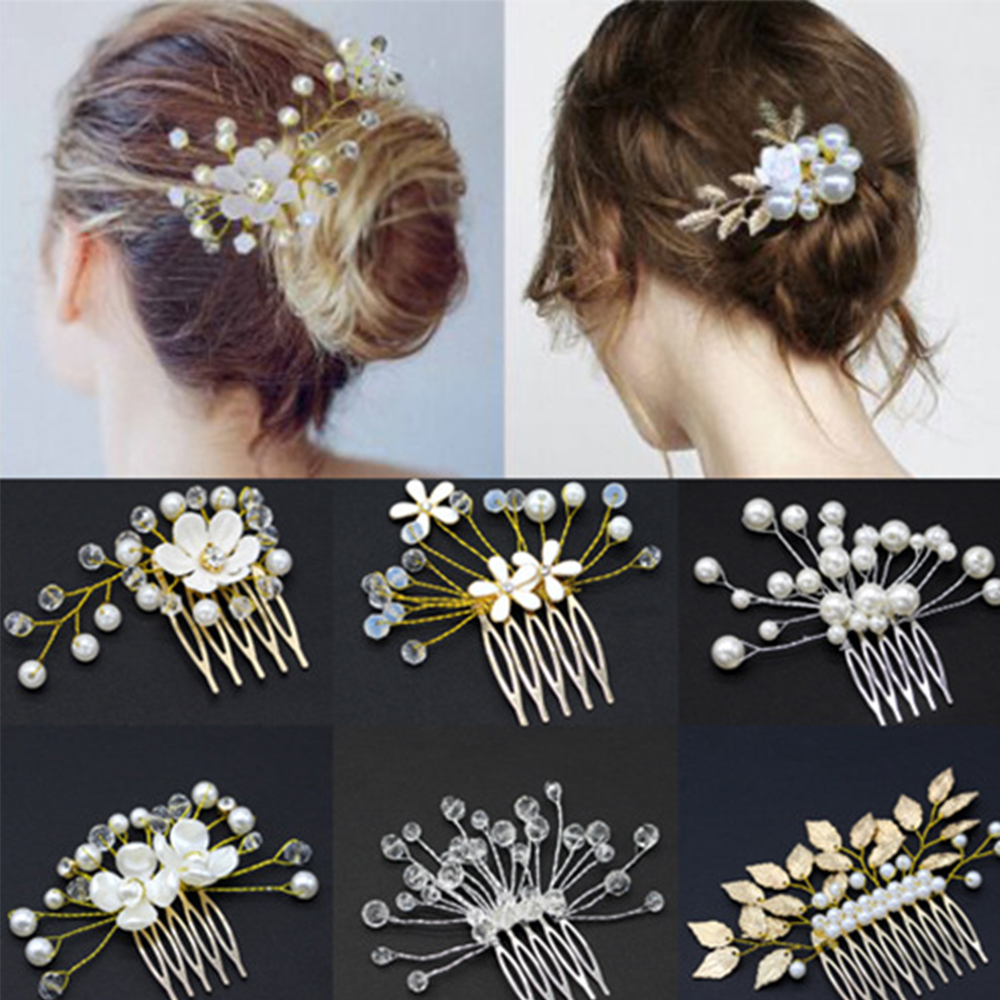 Bruid Bruiloft Handgemaakte Tiara Parel Bloem Haar kam Invoegen Haarspelden Bruiloft Bruidsmeisje Hoofdtooi Disk Haar Kam