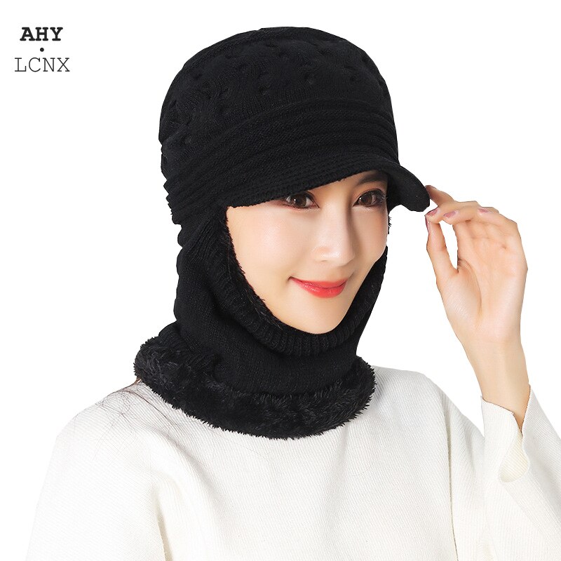 Wintermütze mit schal, gestrickt, für damen, ältere damen, warme sturmhaube, dicke oma-mütze mit krempe, muttermütze