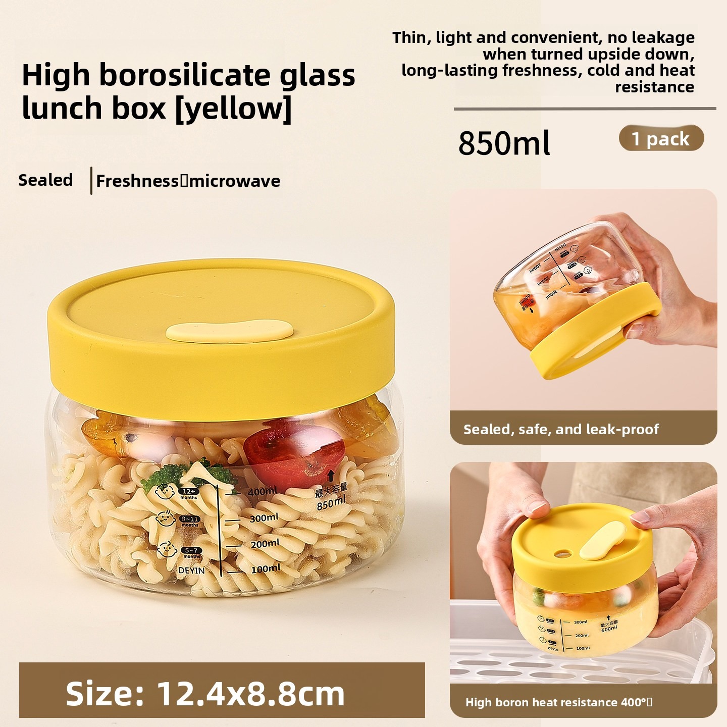 Borosilikatglas-Lebensmittelbehälter mit Deckeln, Stapelbare Luftdichte Meal-Prep-Gläser für Kühlschrank-Organisation, Studenten und Büro: hellgelb