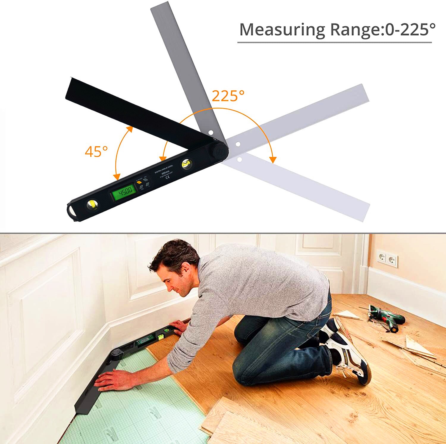 225° Aluminum Digital Angle Finder Protractor 16 inch Backlit LCD Digital with Horizontal and Vertical Bubble