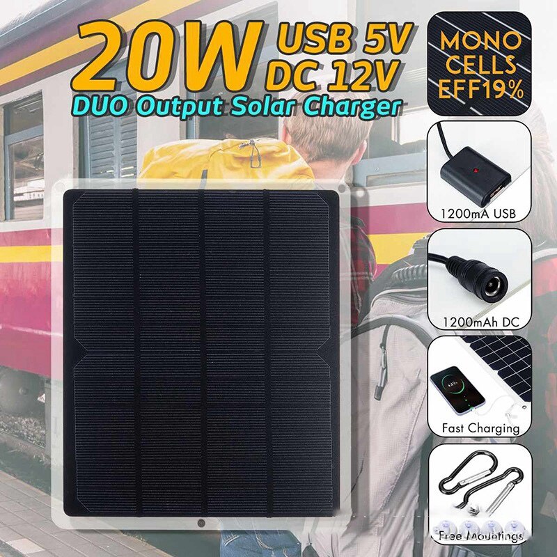 20W 12V Monocrystalline Solar Panel, Portable Solar Charging Board, Waterproof 210X180mm