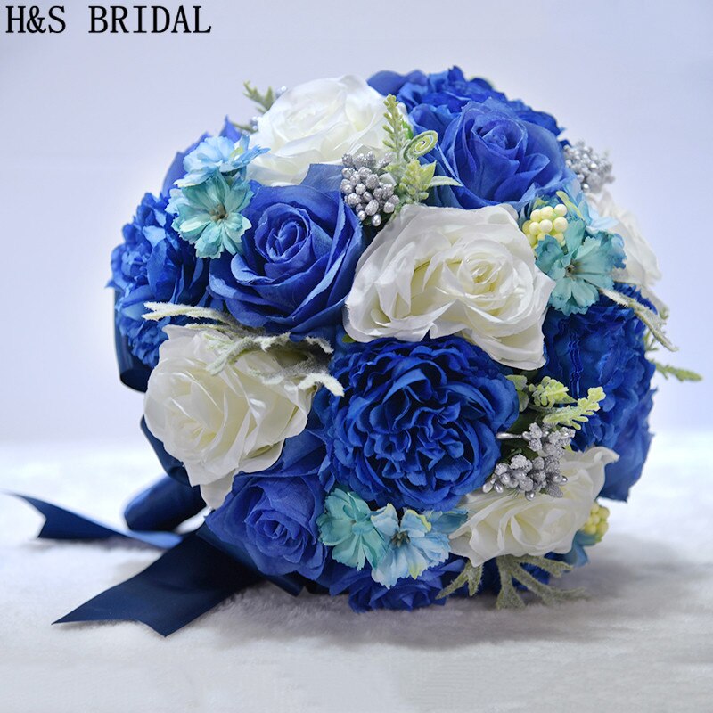 H & S Bridal Blauw Ivoor Bruidsboeket Boeket De Mariage Kunstmatige Vintage Bruidsboeketten Voor Bruiden Bruidsmeisje Bloem