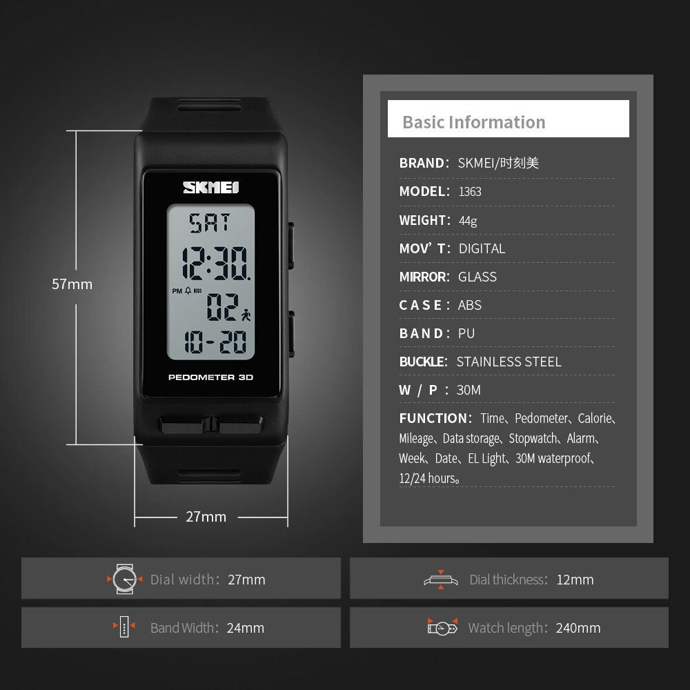 SKMEI-reloj deportivo con podómetro 3D para hombre y mujer, pulsera Digital con calorías, a la , resistente al agua, 1363