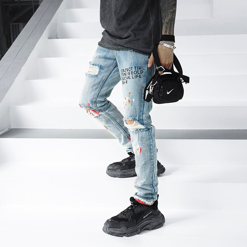 3XL Plus Size Heren Broek Brief Afdrukken Gat Slanke Jeans Broek Streetwear Hip Hop Ripped Jeans Voor Mannen Verontruste Denim broek