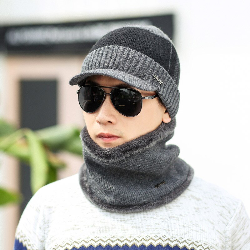 Herfst Winter Mannelijke Hoeden Sets Warm Gebreide Wollen Mutsen Sjaals Pak Jongen Cap Hals Kraag Dikke Pluche Mannen Hoed Sjaal 2 stuks Set: grey hat set