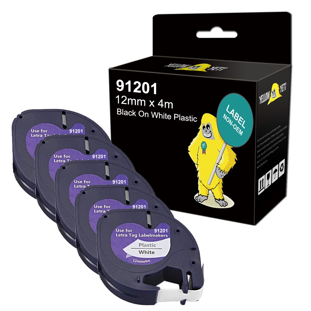5x Label Tape Compatible Dymo Letratag 12mm x 4m Plastic Tape for LT-100H LT-100T: 5* Black On White Plastic