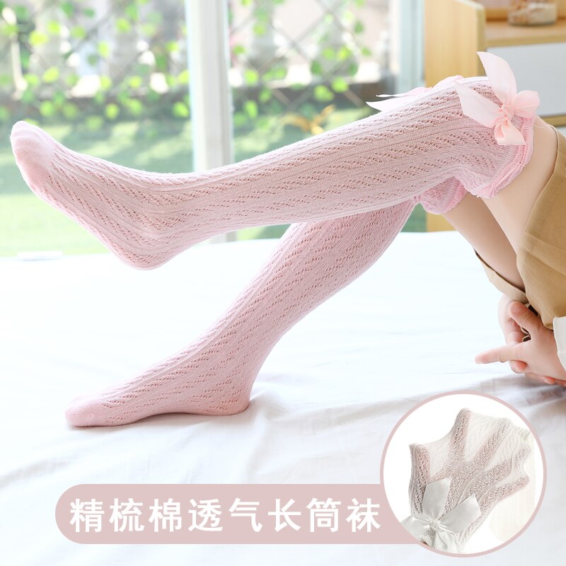 Children&#39;s summer stockings mesh over knee thin breathable cotton baby bow knot Princess socks, loose mouth high tube socks: Pink Bow long socks