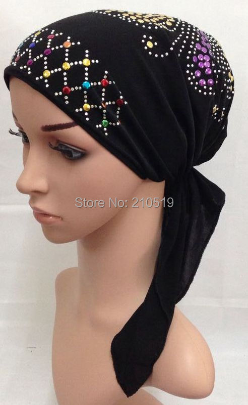 (Paillettes motifs envoyer aléatoire) cristal ITY élastique chapeau musulman hijab turban islamique (Plus de couleurs stock maintenant): 8black