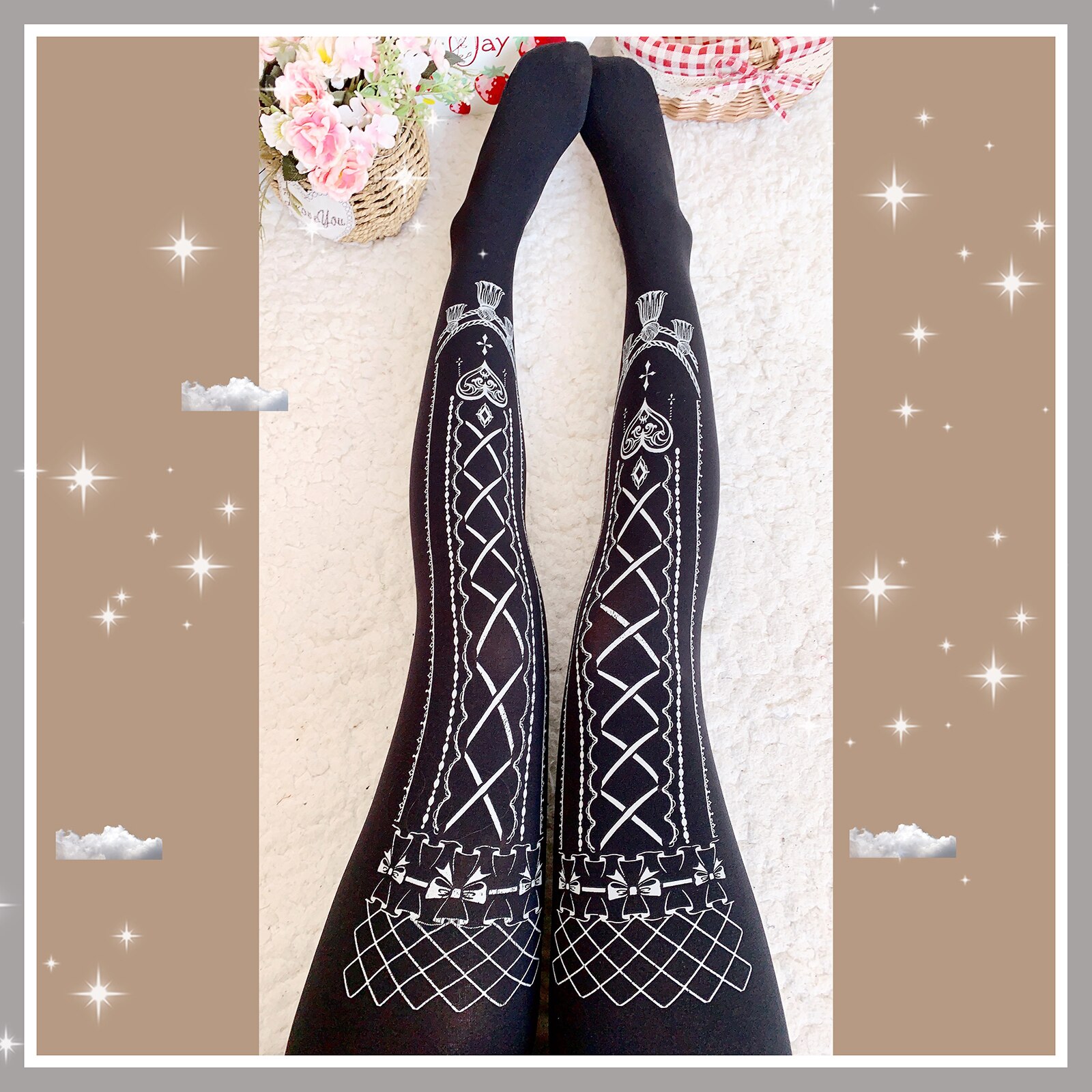 Interlaced gordijn Lolita Vrouwelijke Herfst Zoete print Fluwelen 120D Panty stamping Kawaii Lolita Japanse Panty Cosplay