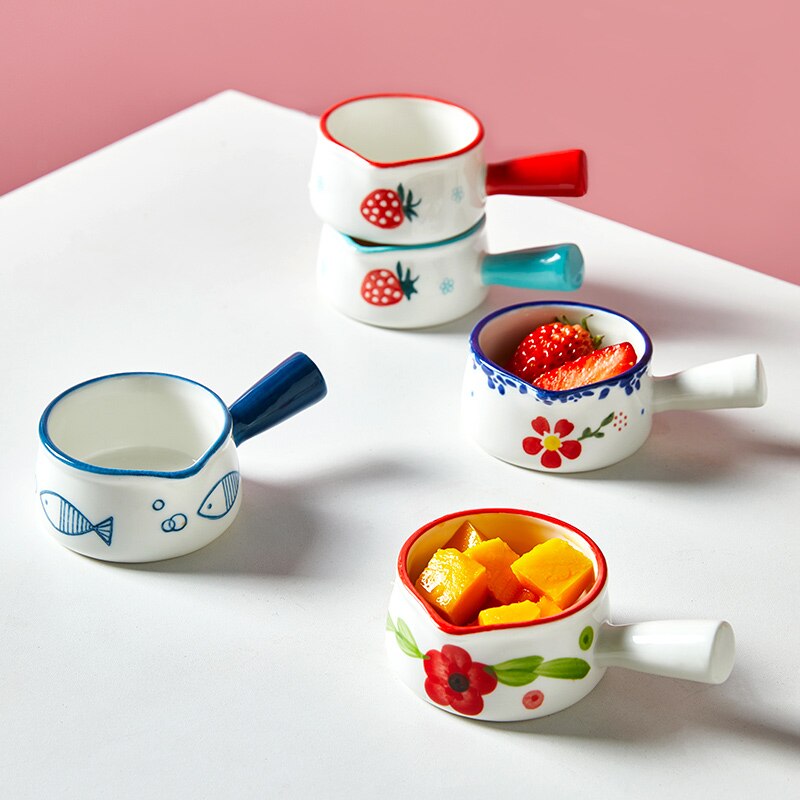Recipiente cerámico para leche 50ML, cocina antiadherente, Mini olla para leche, utensilios de cocina, Cute jarra de leche de fresa con mango, platos de inmersión para ensalada