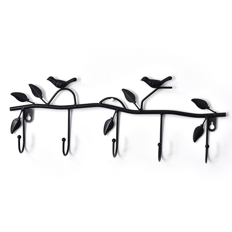 Retro 5 Haken Smeedijzeren Vogel Vorm Haak Leaf Muur Robe Hanger Sleutel Jas Houder: black