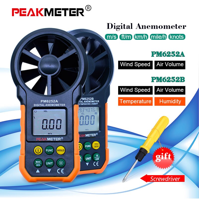 PEAKMETER PM6252A/B USB Digital Anemometer Temperature Humidity Wind Speed Air Volume Measuring Meter With LCD Backlight