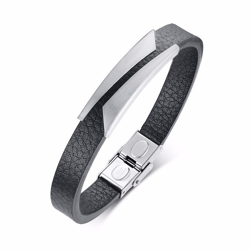 Men's Stainless Steel And Black Leather Bracelet in Black Brackelts Brazalet Brazalete Gents Jewelry: 516BS