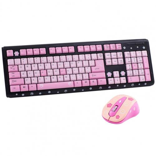 1 Set Wired Keyboard Mouse Combos for Desketop Laptop NotebookCute Cartoon Cat Pattern Pink Girl Keyboard and Mouse Set: Black Pink