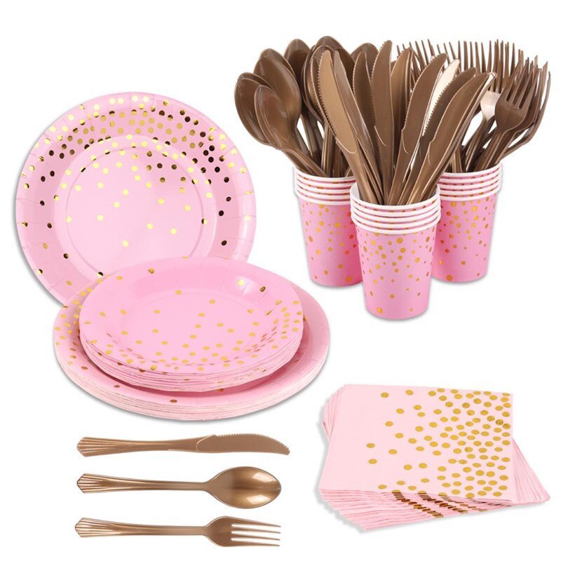 Europe and America Bronze Pink Dots Disposable Dixie Cup Paper Pallet Paper Towel Theme Birthday Party Tableware Set