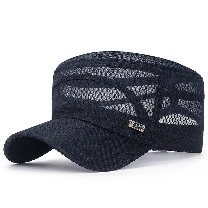 Unisex zomer platte pet dames heren ademend mesh hoed effen kleur buiten vissen sport zonnehoed casual zonnebrandcrème petten hoofdbedekking: Marineblauw