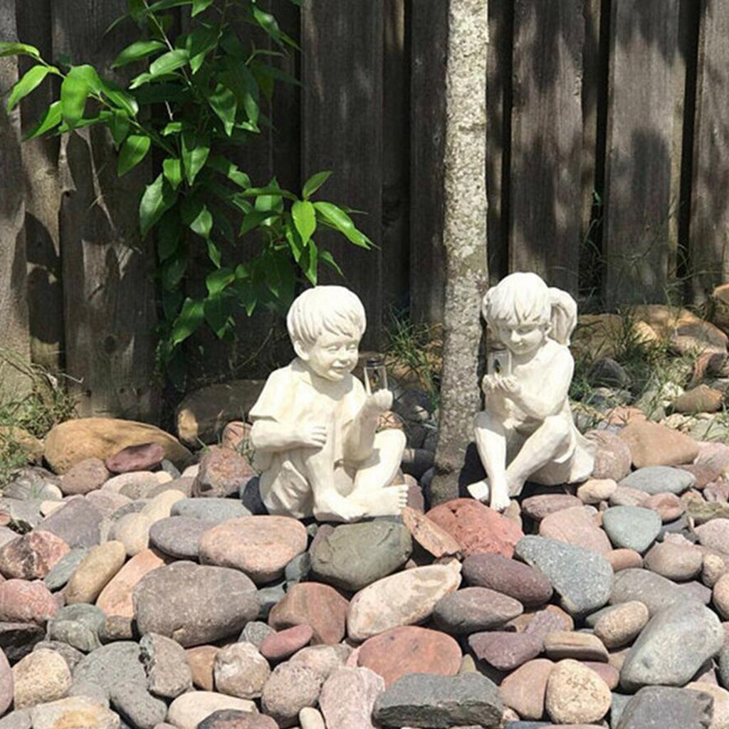 Estatua de resina para niño o niña, luciérnaga iluminada en tarro, adorno, escultura de jardín