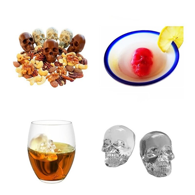 1pcs 3D Skull Flexible Silicone Ice Cube Mold Tray Makes Four Giant Skulls Round Ice Cube Maker Black