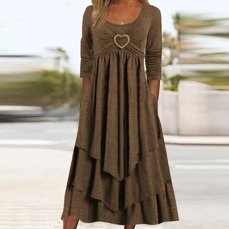 Office Women Patchwork Pockets Midi Dress Round Neck Basic Solid Long Sleeve Dress Lady Casual Summer Ruffles Club Dress: XL / Brown