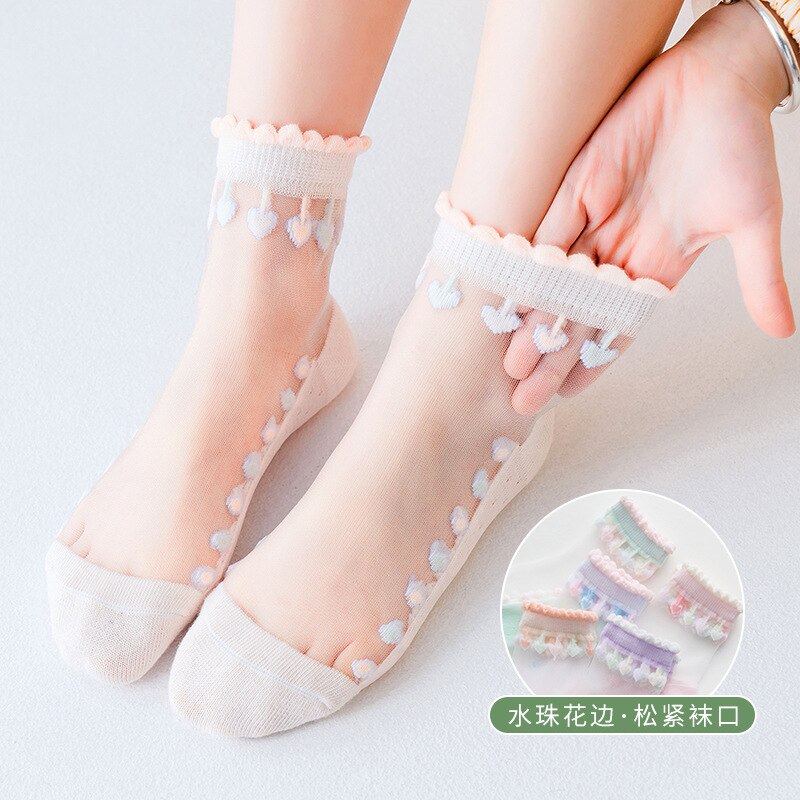 5 Paires/lot chaussettes filles printemps et été mince enfants chaussettes en cristal verre d'été glace bas dentelle filles princesse chaussettes