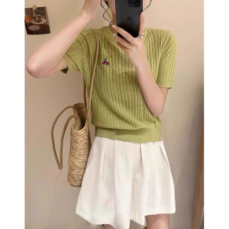 Camisola de caxemira bordada cereja feminina, manga curta, gola redonda, meia manga fina, camiseta de verão, estação europeia: S / Verde exército
