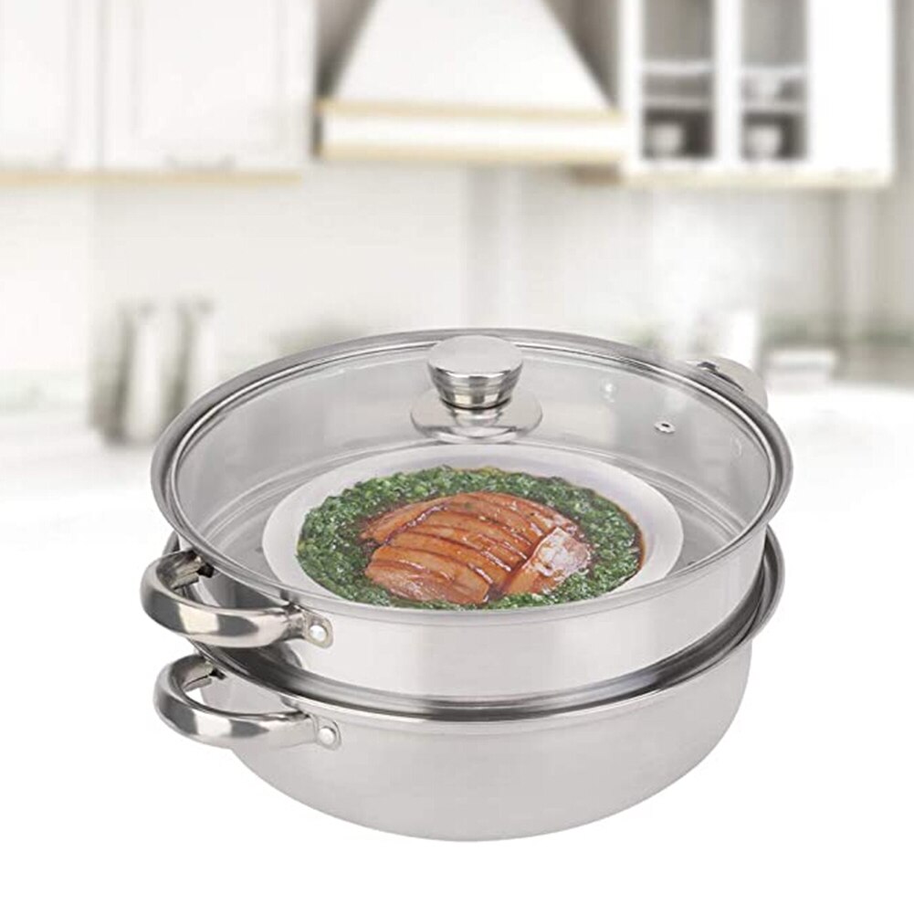 28cm 2-Layer Steamer Stainless Steel Fast Heat Conductivity Dual-purpose Pot Kitchen Boiling Soup Steaming Pot with Lid