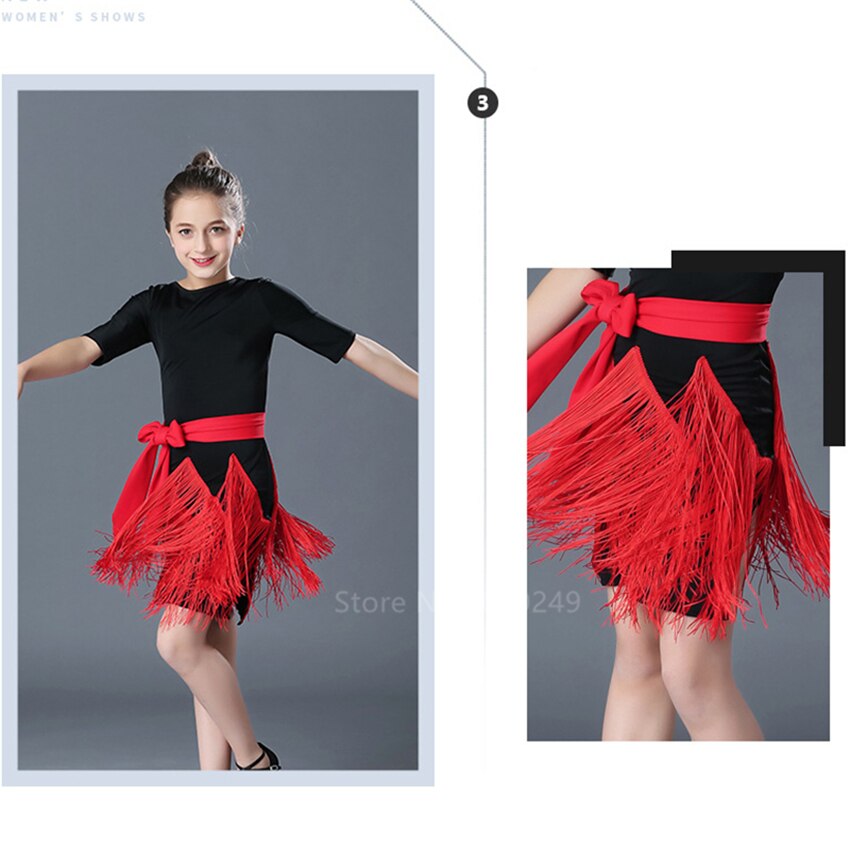 Latinsk dansekjole pige kvast nederdel latinsk salsa børn balsal kjoler halværmet frynser samba karneval kostumer tango børn