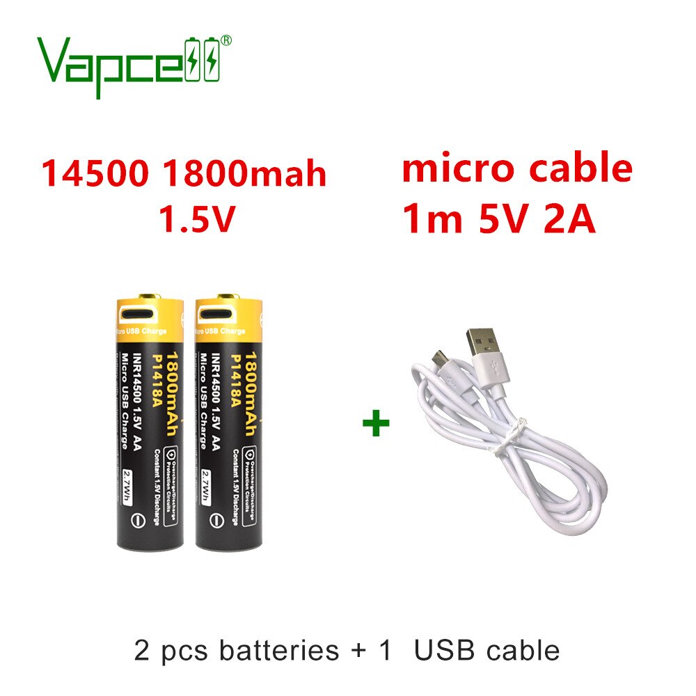 Vapcell Original 14500 AA 1.5V 1800mah battery button top USB Rechargeable li ion Batteries cells for flashlight power tools: 2pcs and cable