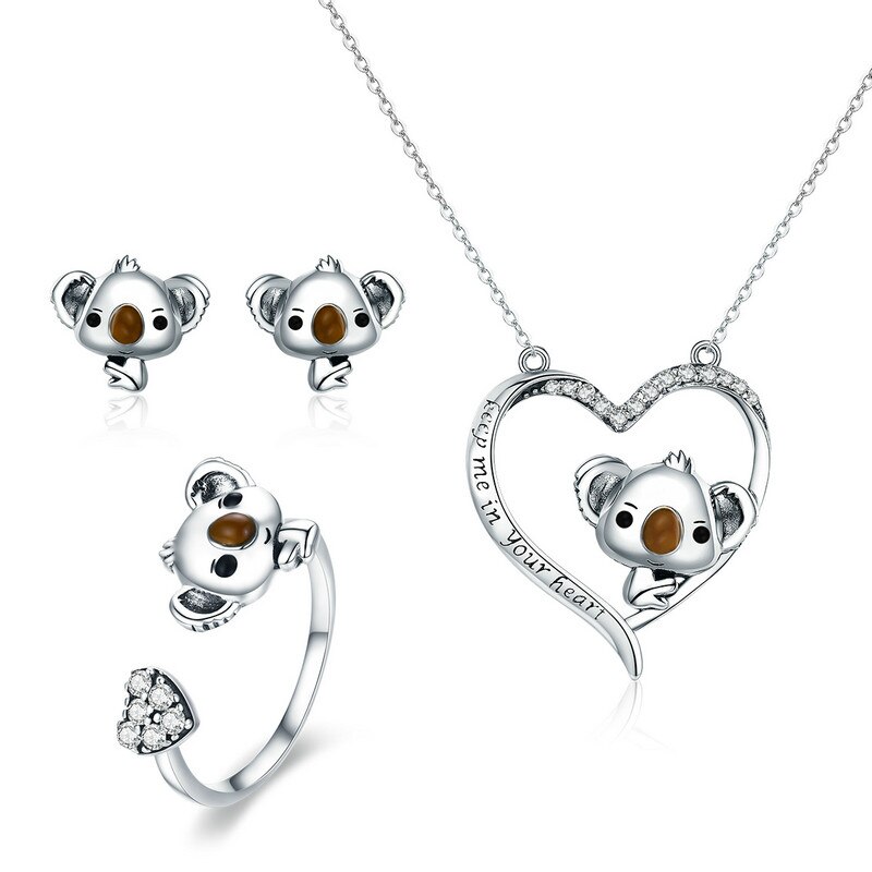Bisaer ægte 925 sterling sølv smykker sæt koala bjørn mor kærlighed hjerte halskæde ringe sæt kvinder smykker sæt sølv 925 smykker: Klar